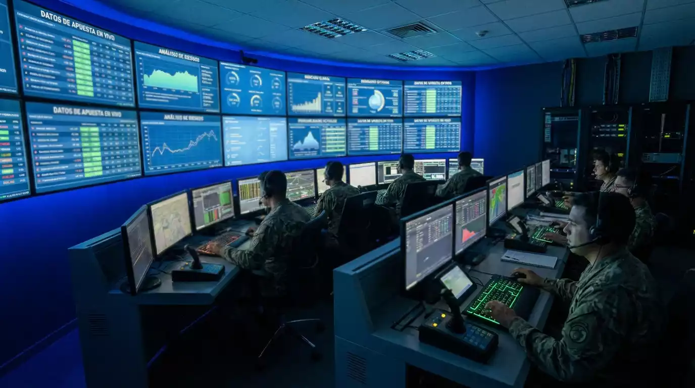 Centro de monitorización con múltiples pantallas mostrando datos de apuestas en tiempo real