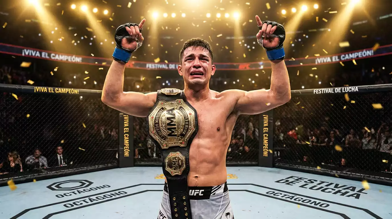 Peleador de MMA celebrando victoria con cinturón de campeón